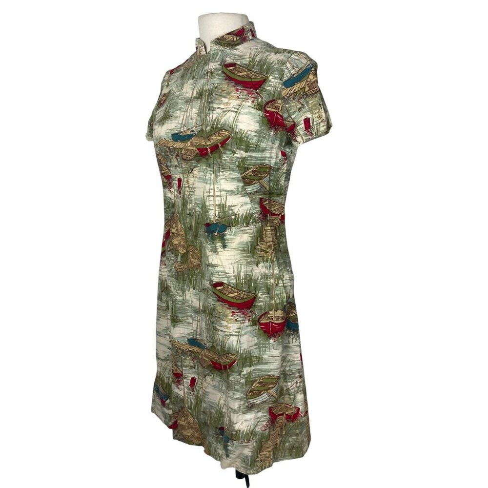 Vintage 60s Handmade Sheath Dress Medium Green Beige Boat Water Whimsical Tiki